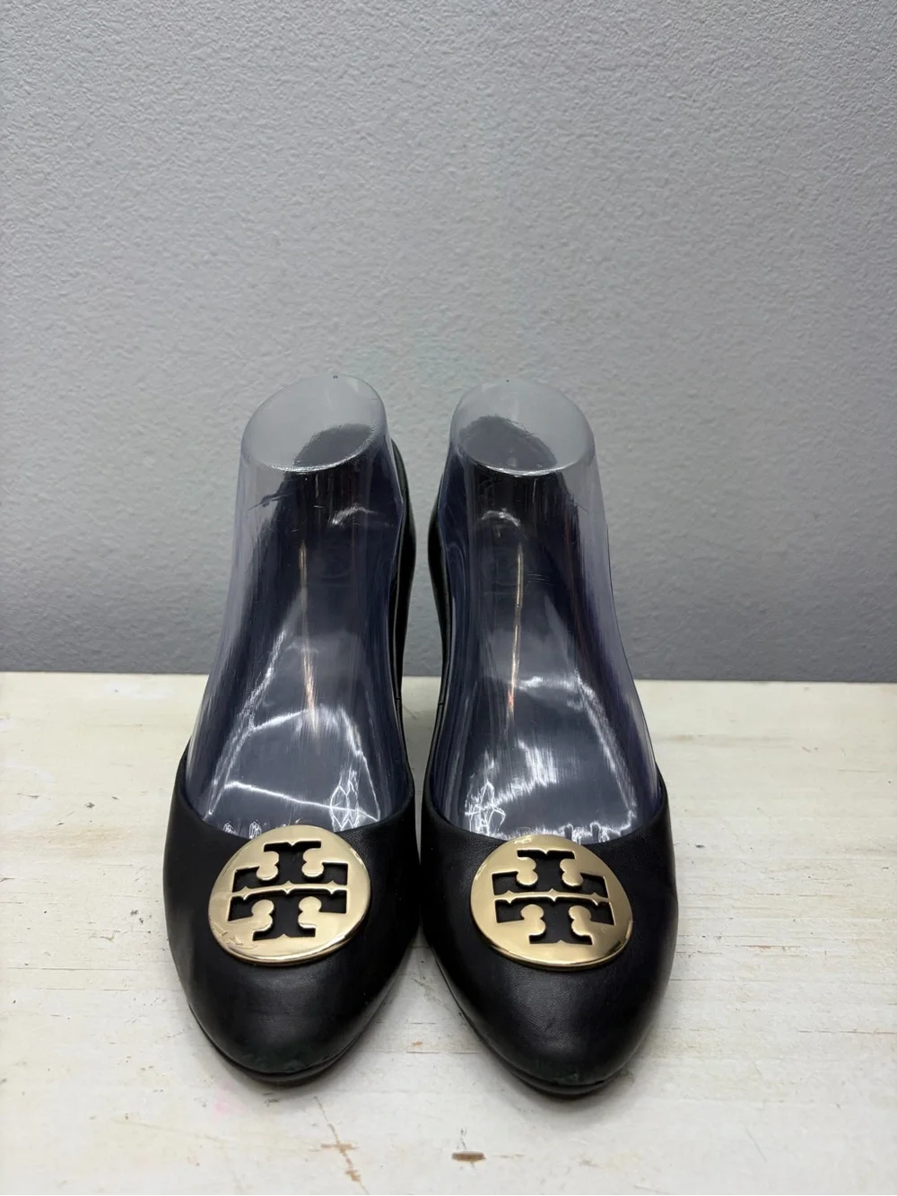 Tory Burch Black Leather Sally Wedge Sandals Size 7.5